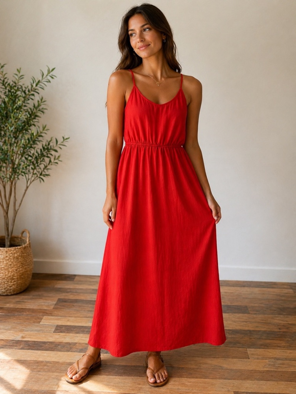 Bright Red Halter Maxi Dress Boho Summer Vacation Resort Dress Size approx S/M